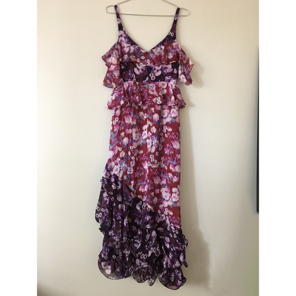 AMUR Moira SILK Maxi Ruffle Dress Gown Floral Boudreaux/Purple 4 - Picture 3 of 8